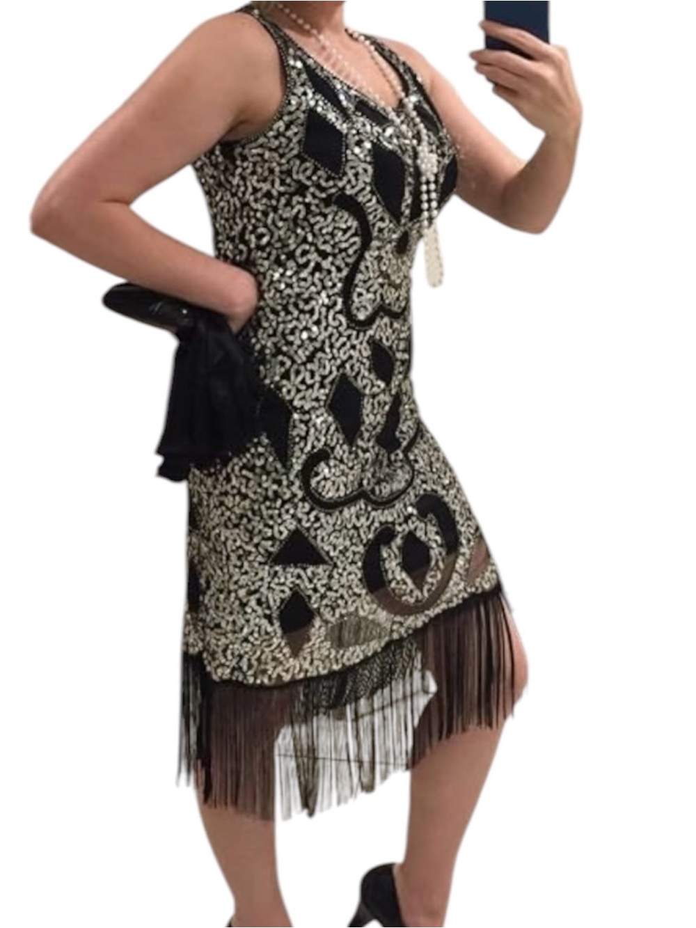 Roaring 20s Flapper Dress Black Silver Sequin Fringe L Gloves Included Gatsby